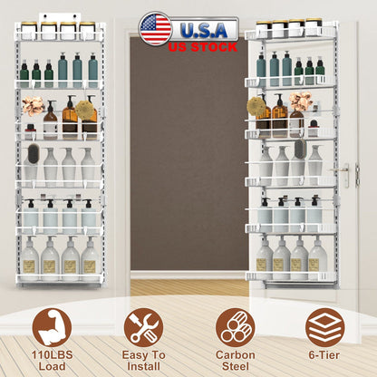 Over The Door Pantry Organizer 6-Tier Pantry Door Organizer Carbon Steel 110LBS Loading Easy Install Behind Door Storage For Closet Kitchen Bathroom 5