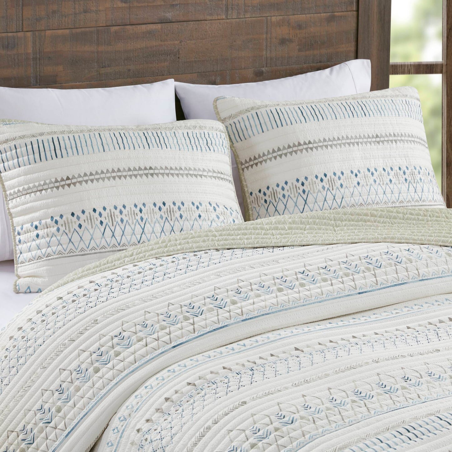 3 Piece Seersucker Quilt Set Taupe Blue King Cal King