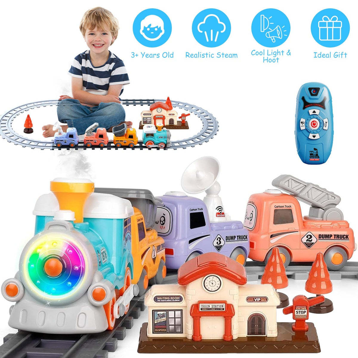 Electric Train Set with Smokes Light Sound Remote Magnetic Train Toys with Locomotive 3 Trucks Gifts for Kids Aged 3 4 5 6 Year Old