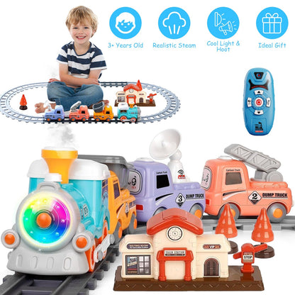 Electric Train Set with Smokes Light Sound Remote Magnetic Train Toys with Locomotive 3 Trucks Gifts for Kids Aged 3 4 5 6 Year Old