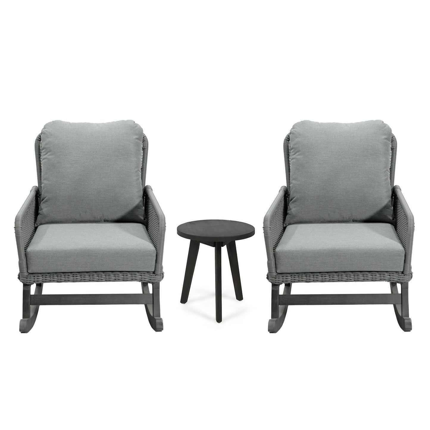 Modern 3 Piece Outdoor Seating Set with Cushioned Rattan Rocking Chairs and Wooden Accent Table