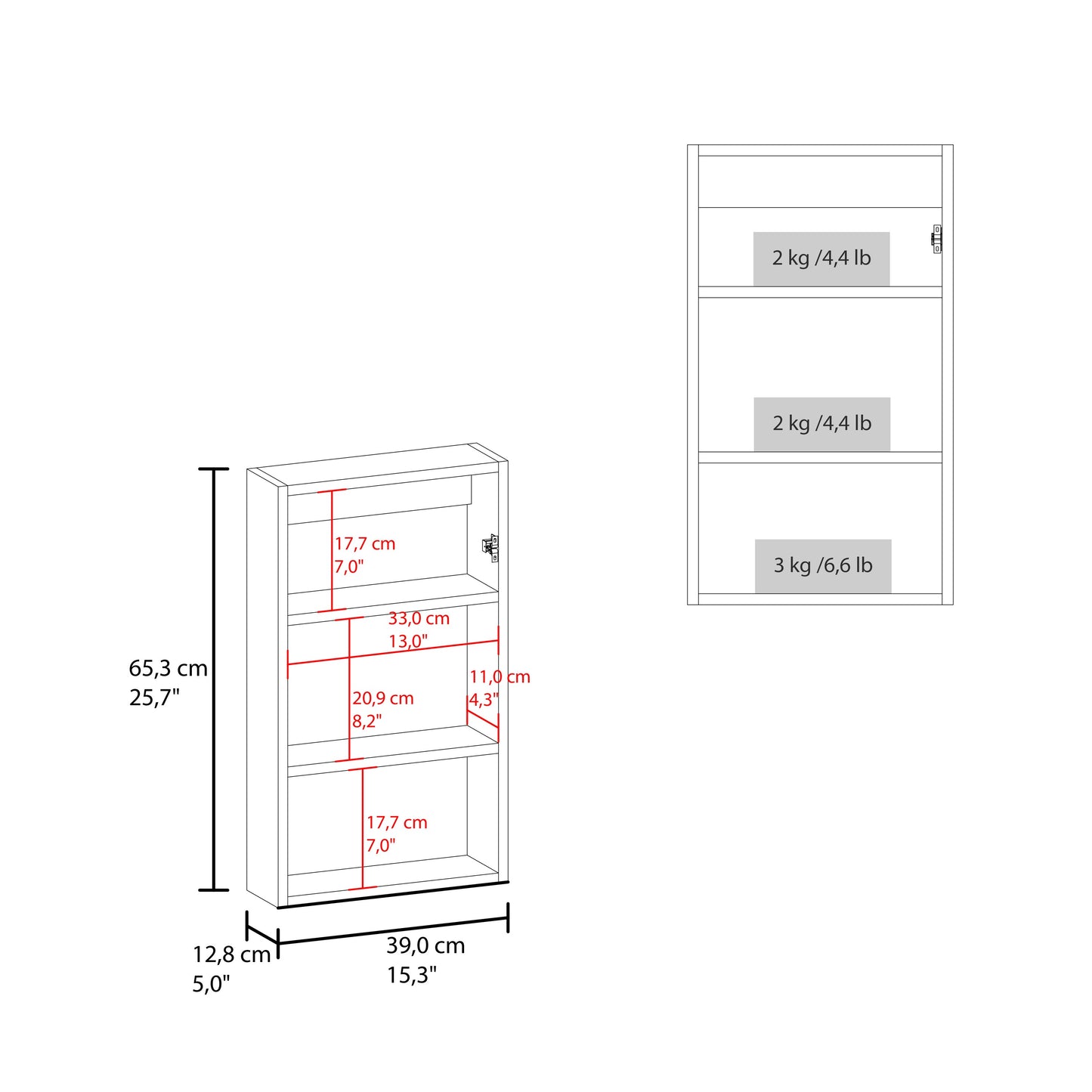 Medicine Cabinet 25.7" H, 1 Door, 3 Shelves, 1 Mirror