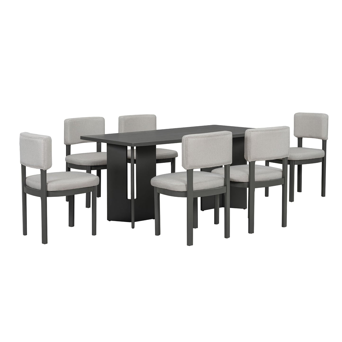 Dining Table Set With 6 Upholstered Chairs, Rectangular Table With Cutout Legs