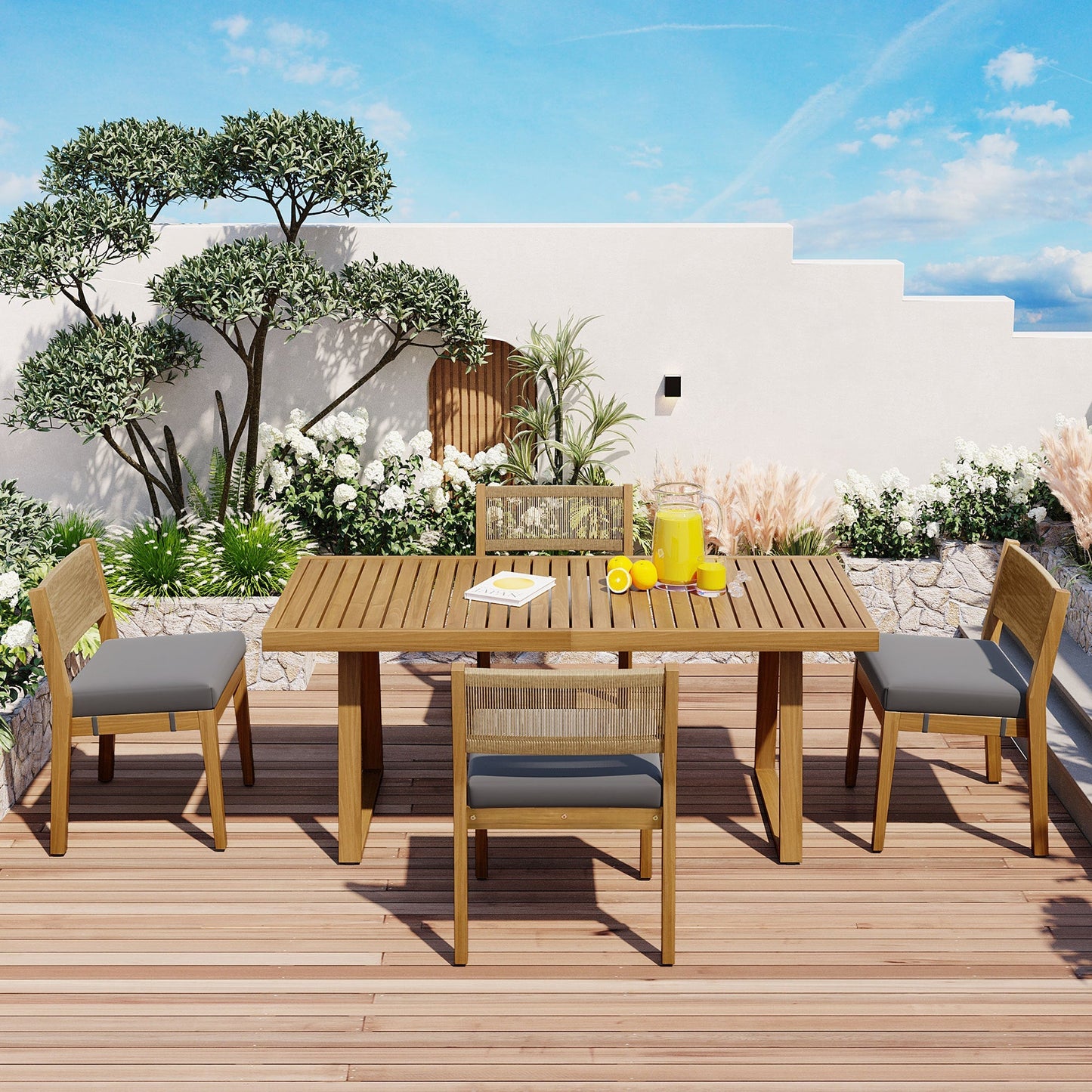 U_Style Multi-Person Outdoor Acacia Wood Dining Table and Chair Set