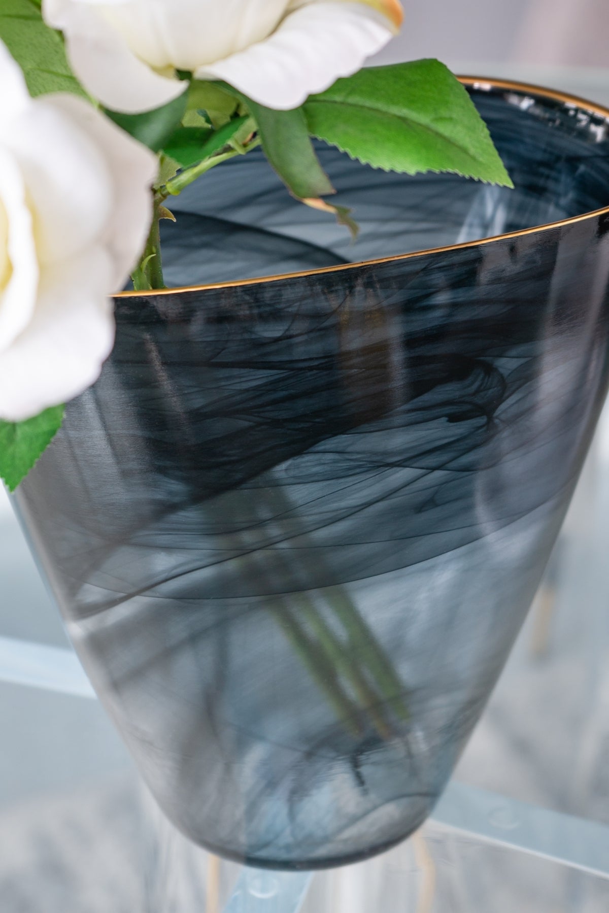 9.3x4.7x9.3' Smokey Black Glass Vase with Gold Rim
