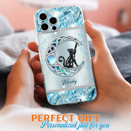 Custom Personalized Black Cat Moonstone Phone Case - Gift Idea For Cat Lover - Case For iPhone/ Samsung