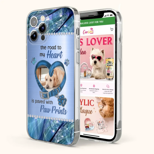 Custom Personalized Memorial Dog Collar Phone Case - Upload Photo - Memorial Gift Idea For Dog Owner - The Road To My Heart Is Paved With Paw Prints - Case for iPhone/ Samsung
