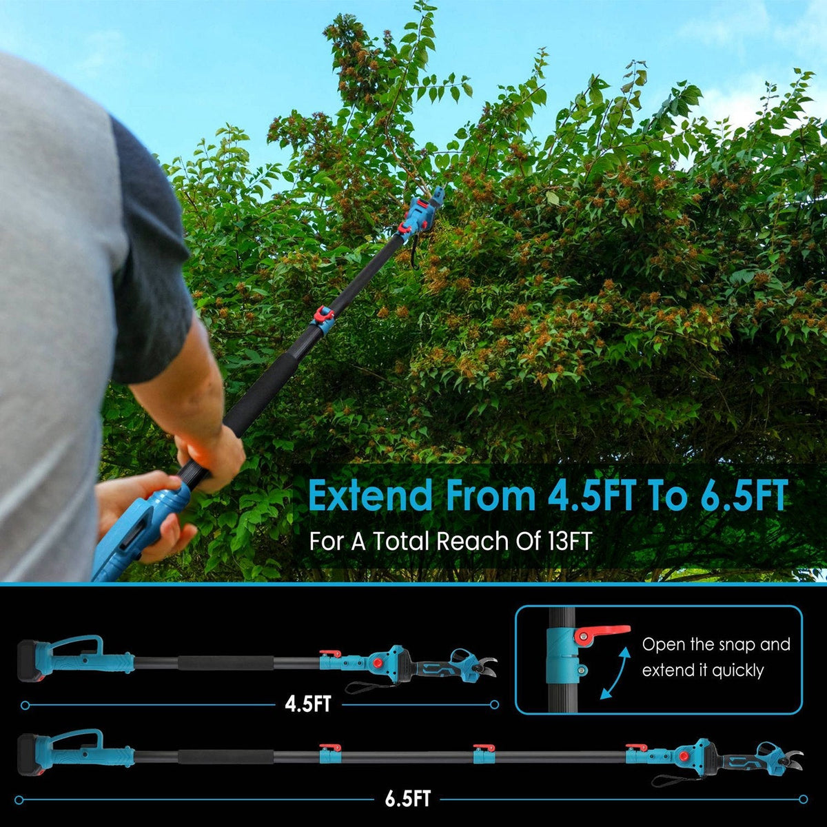 2-In-1 Electric Pruning Shear with Extension Pole 21V 4.0Ah Batteries Powered Cordless Pruner Reach 13FT High 0.98in Cutting Diameter for Tree Trimmin