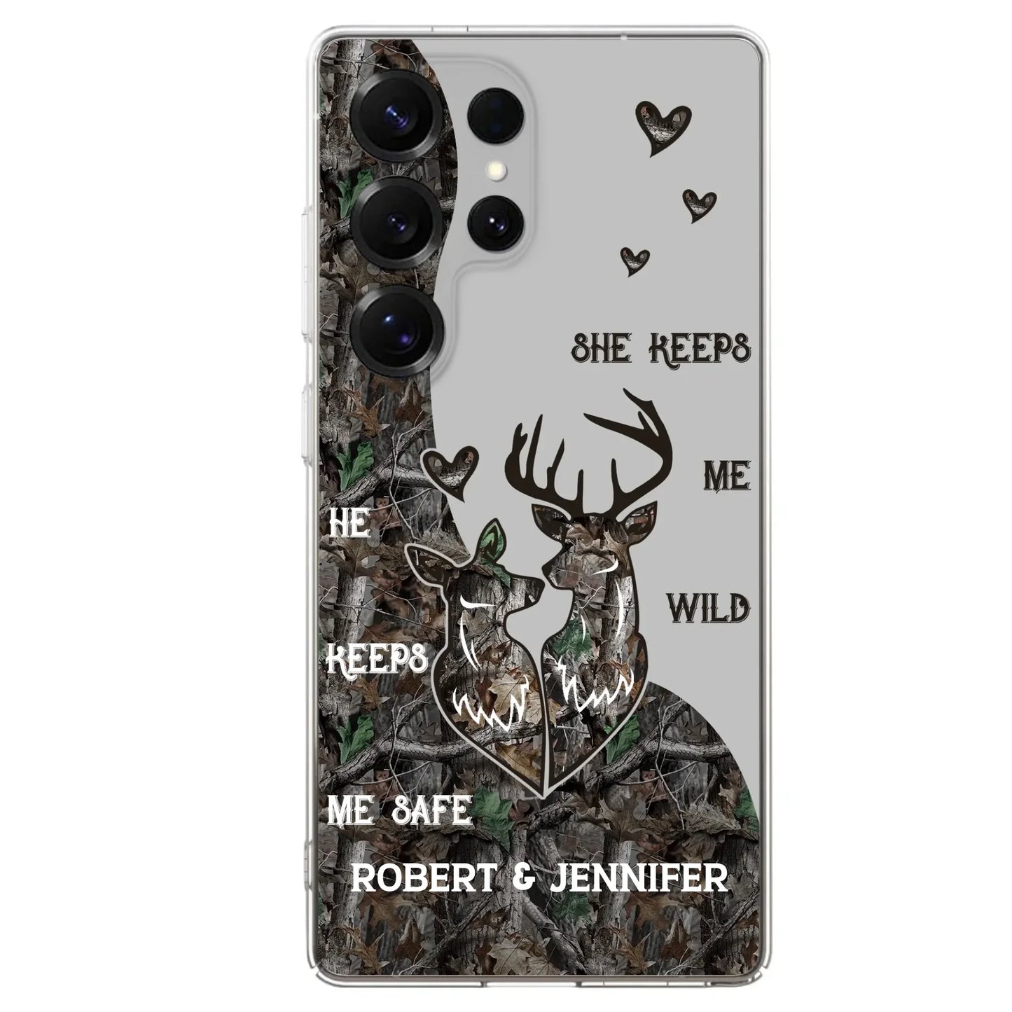 Custom Personalized Deer Couple Phone Case - Gift Idea For Couple - He Keeps Me Safe She Keeps Me Wild - Case For iPhone/Samsung