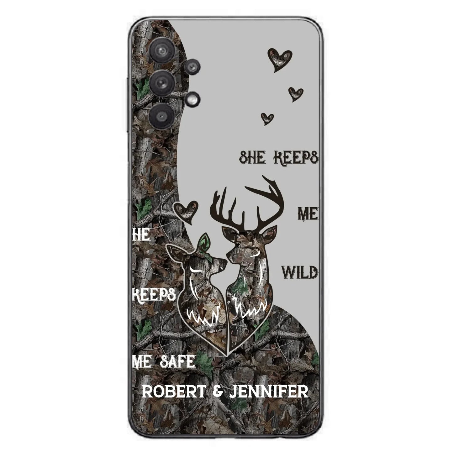 Custom Personalized Deer Couple Phone Case - Gift Idea For Couple - He Keeps Me Safe She Keeps Me Wild - Case For iPhone/Samsung