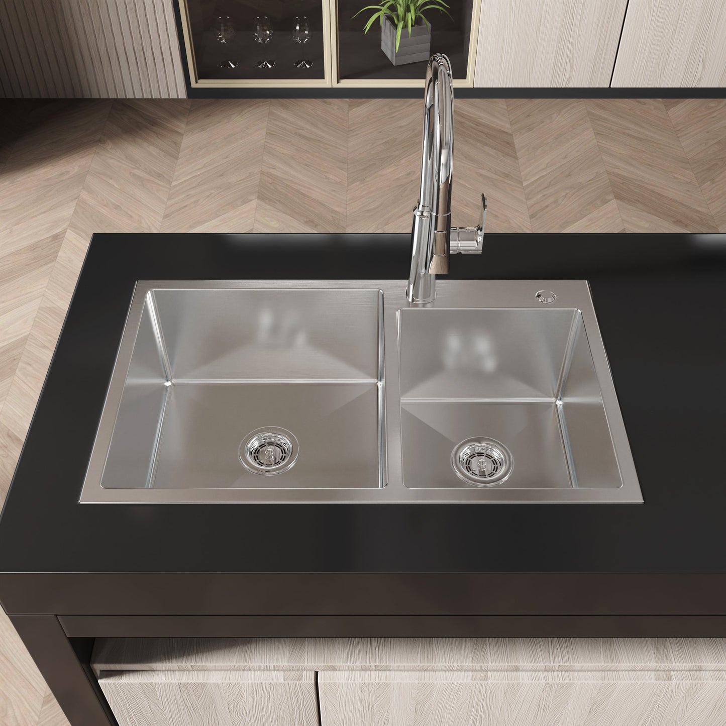 Stainless Steel Kitchen Sink, 32"x19" Double Bowl in Brushed Nickel