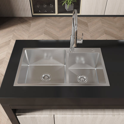 Stainless Steel Kitchen Sink, 32"x19" Double Bowl in Brushed Nickel