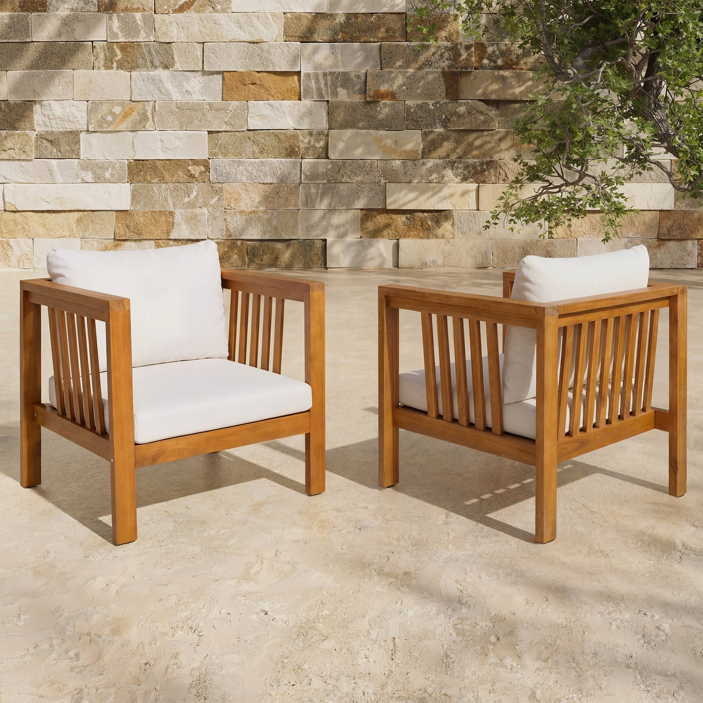 Set of 2 Outdoor Acacia Wood Club Chairs with Modern Square Arms