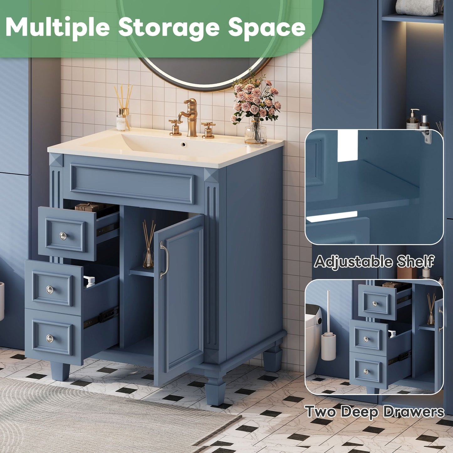 Bathroom Vanity With Sink, Compact Cabinet & 2 Drawers And Adjustable Shelf