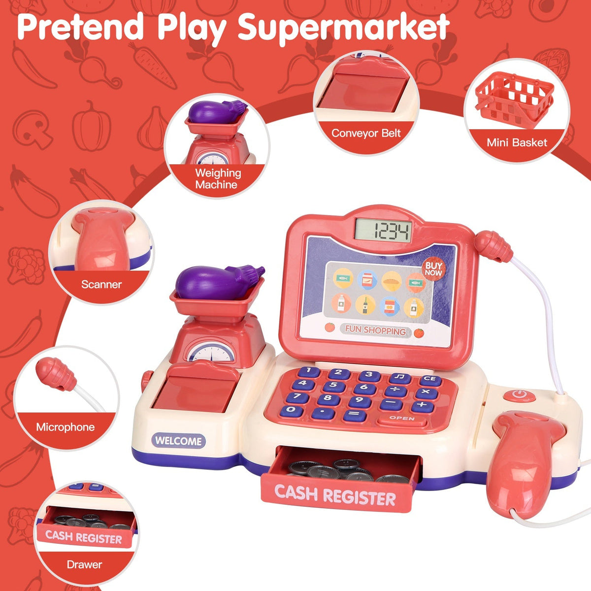 Kids Cash Register Pretend Play Cashier Toy with Scanner Calculator Credit Card Money Grocery Products Educational Toy Gift for Kids Aged 3 4 5 6 Year