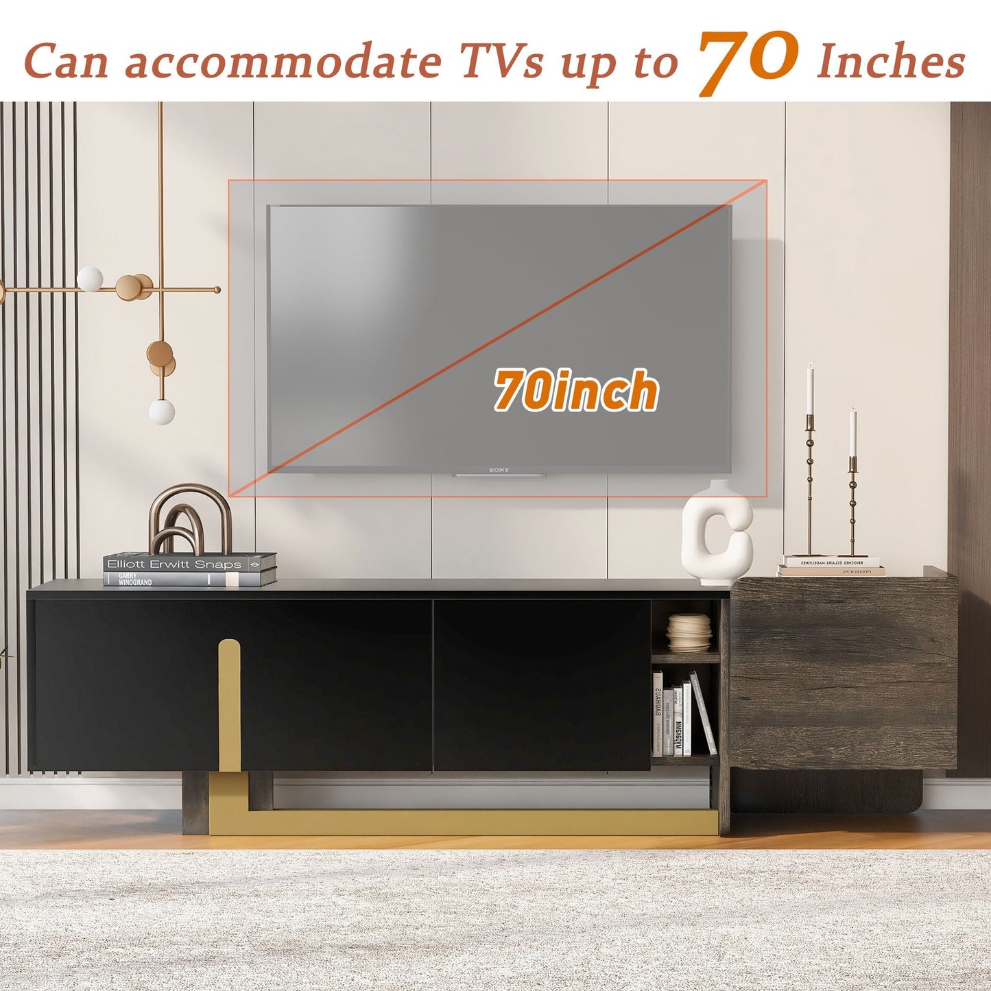 TV Stand With 1 Drawer, 2 Cabinets And Adjustable Shelves