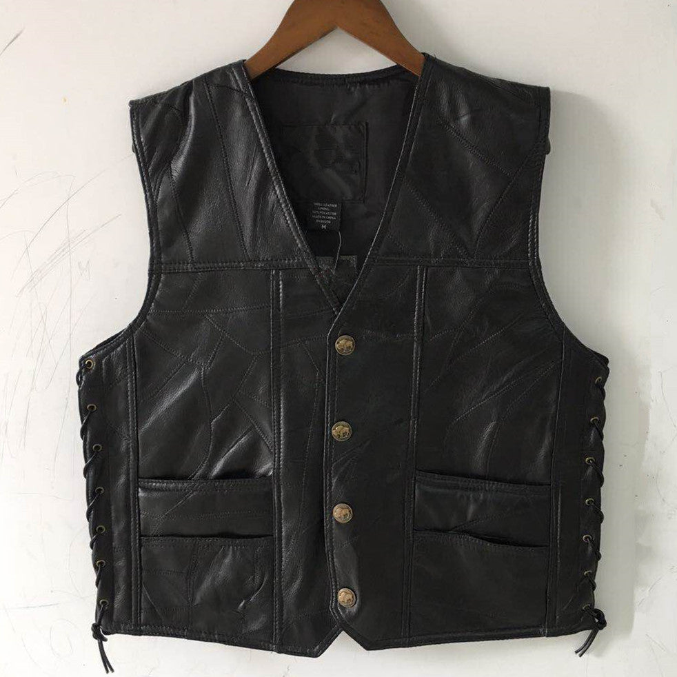 Classic Leather Biker Vest Mens WaistcoatPatchwork Sleeveless Jacket