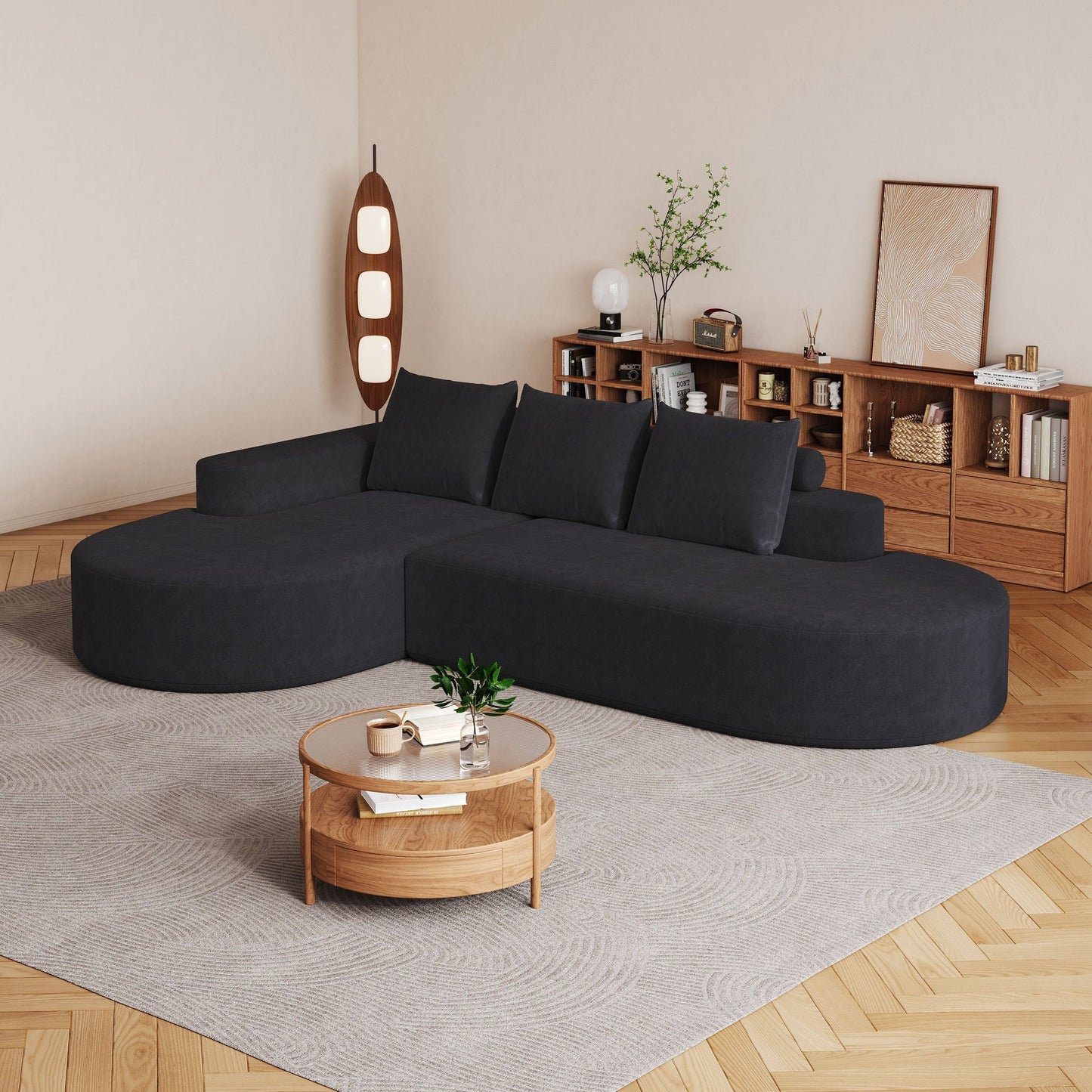 Modern Curved Sofa, L-Shaped Modular Sectional Set With 3 Pillows