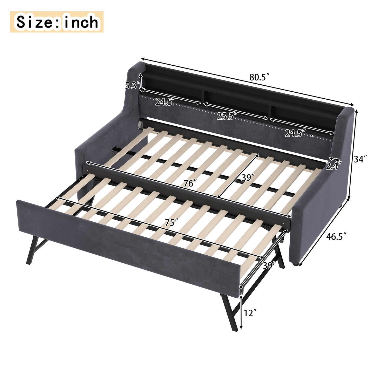 Twin Size Daybed With Trundle With LED Light ? Charging Station - Dark Gray