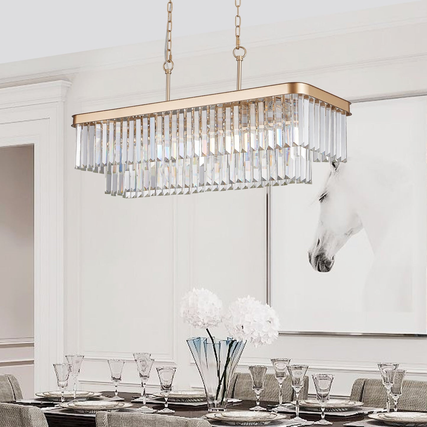 Rectangular Crystal Chandelier Adjustable Gold Iron Ceiling Light