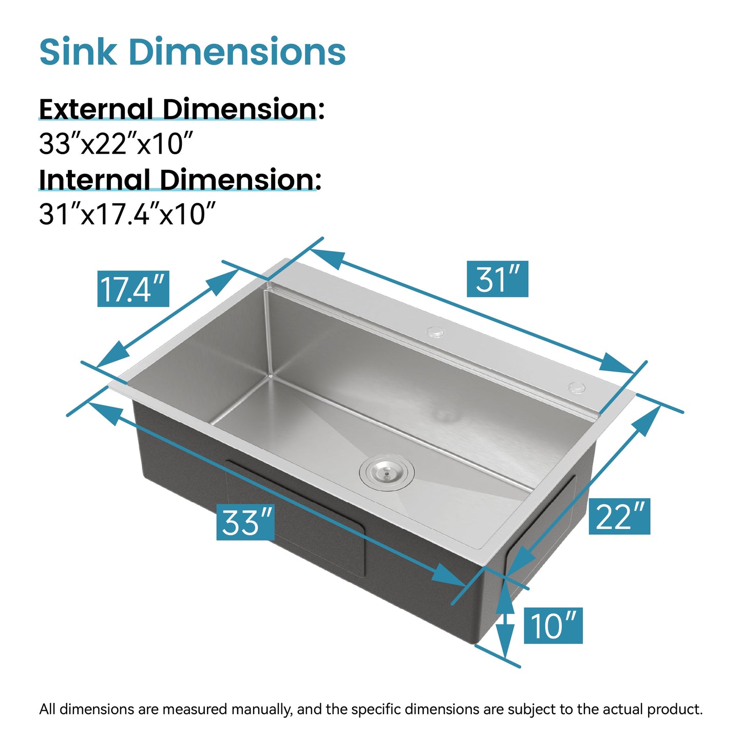 Stainless Steel Kitchen Sink, 33”x22” Single Bowl, Overmount, Brushed Finish