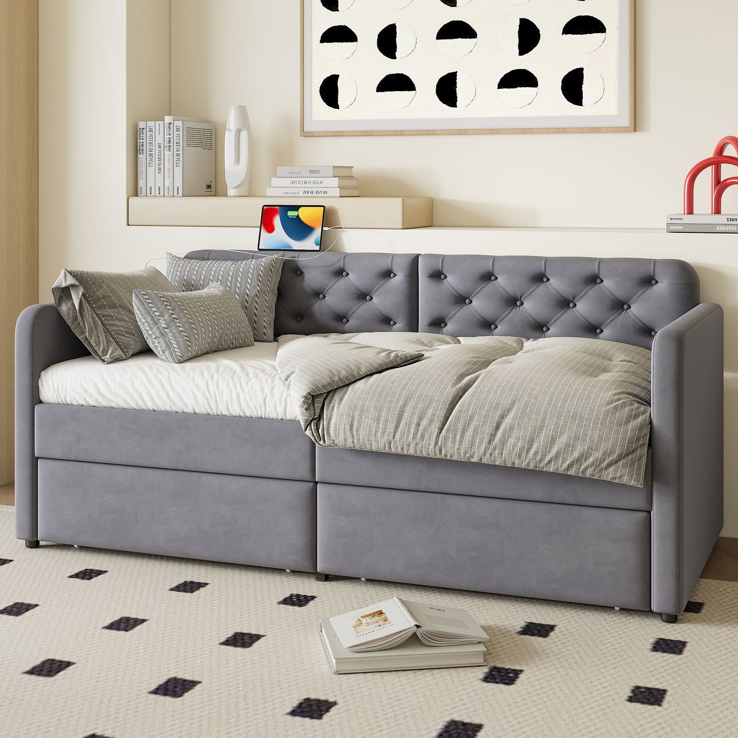 Twin Size Upholstered Daybed With 2 Storage Drawers And USB Charging Design - Gray