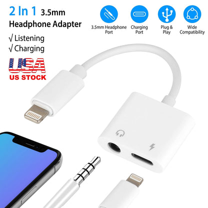 2 In 1 3.5mm Headphone Adapter Charger Audio Splitter Dongle Adapter Fit for iPhone 13/13Pro/SE/12/12 Mini/12 Pro/12 Pro Max/iPhone 11/11 Pro/11 Pro M