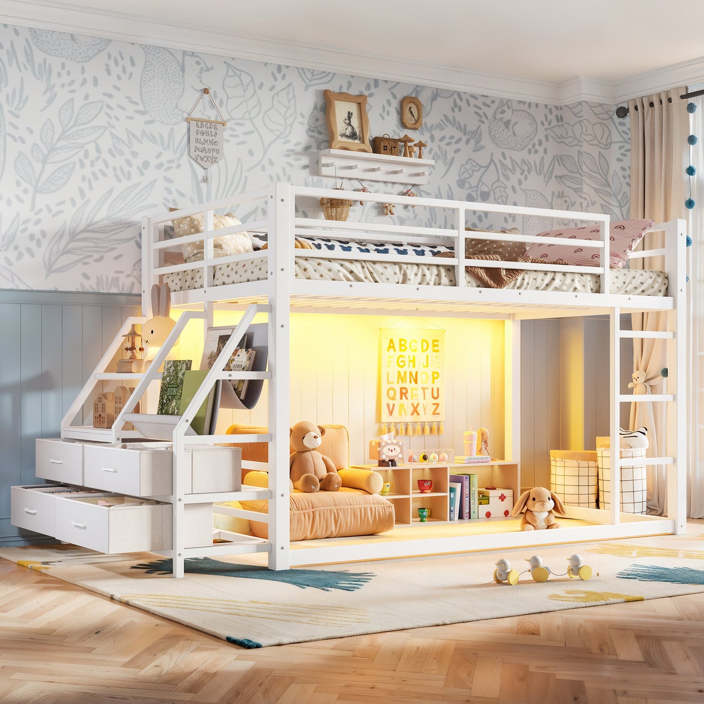 Twin Over Twin Bunk Bed with Storage Shelves and Drawers