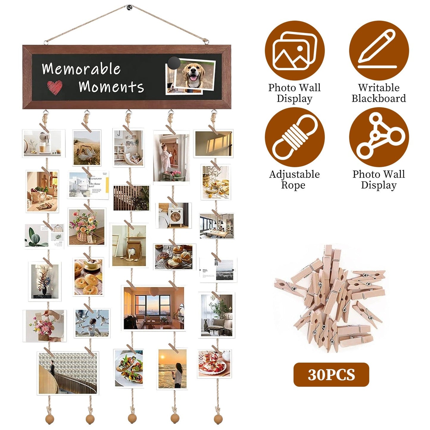Wooden Hanging Picture Frame Photo Display String Ropes with 30 Clips Writable Blackboard Wall Decoration Postcard Artwork Picture Organizer