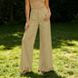 High-waisted Cotton-linen Wide-leg Pants With Ruffled Hem