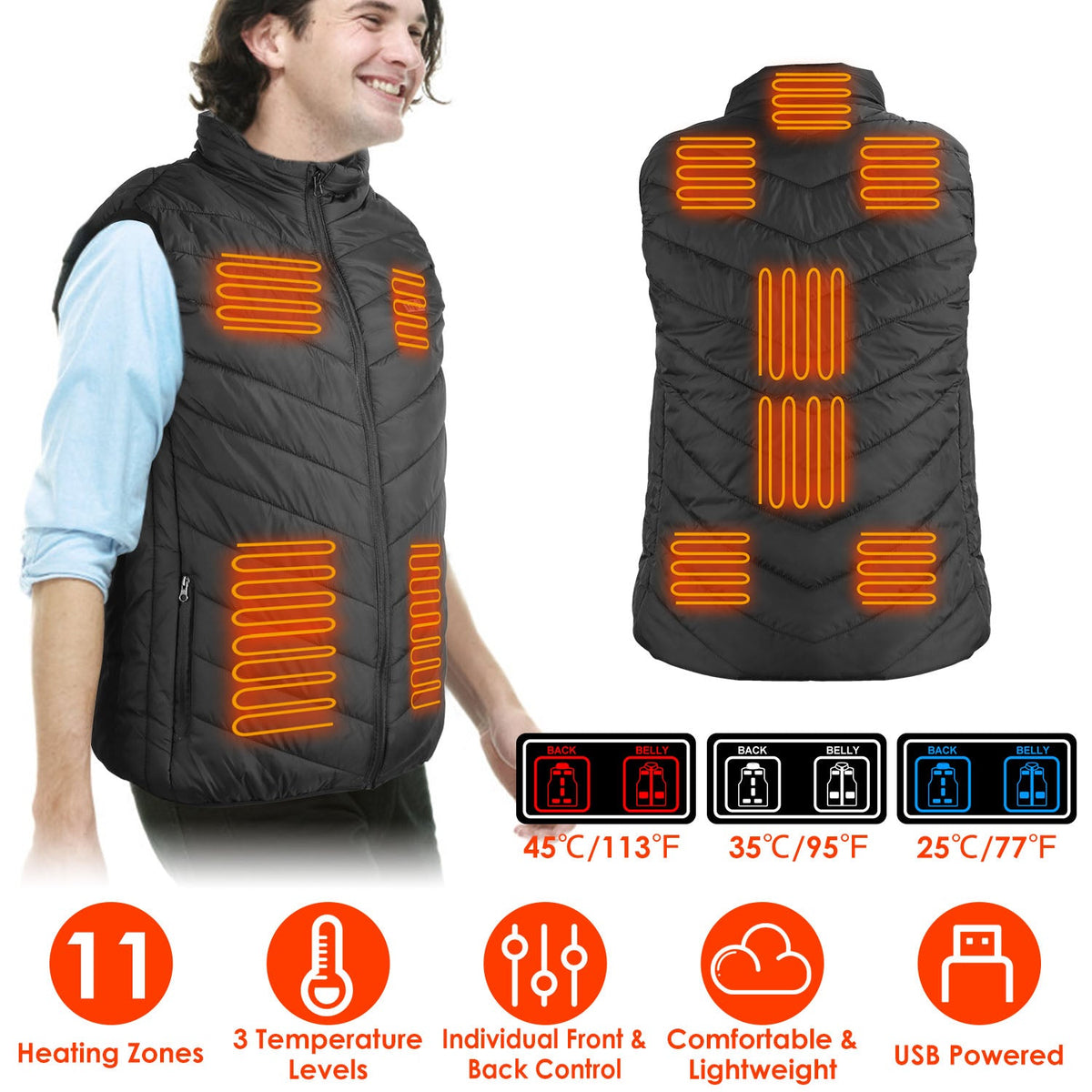 Heated Vest Electric USB Jacket Men Women Heating Coat Thermal Body Warmer Wear with 3 Temperature Levels