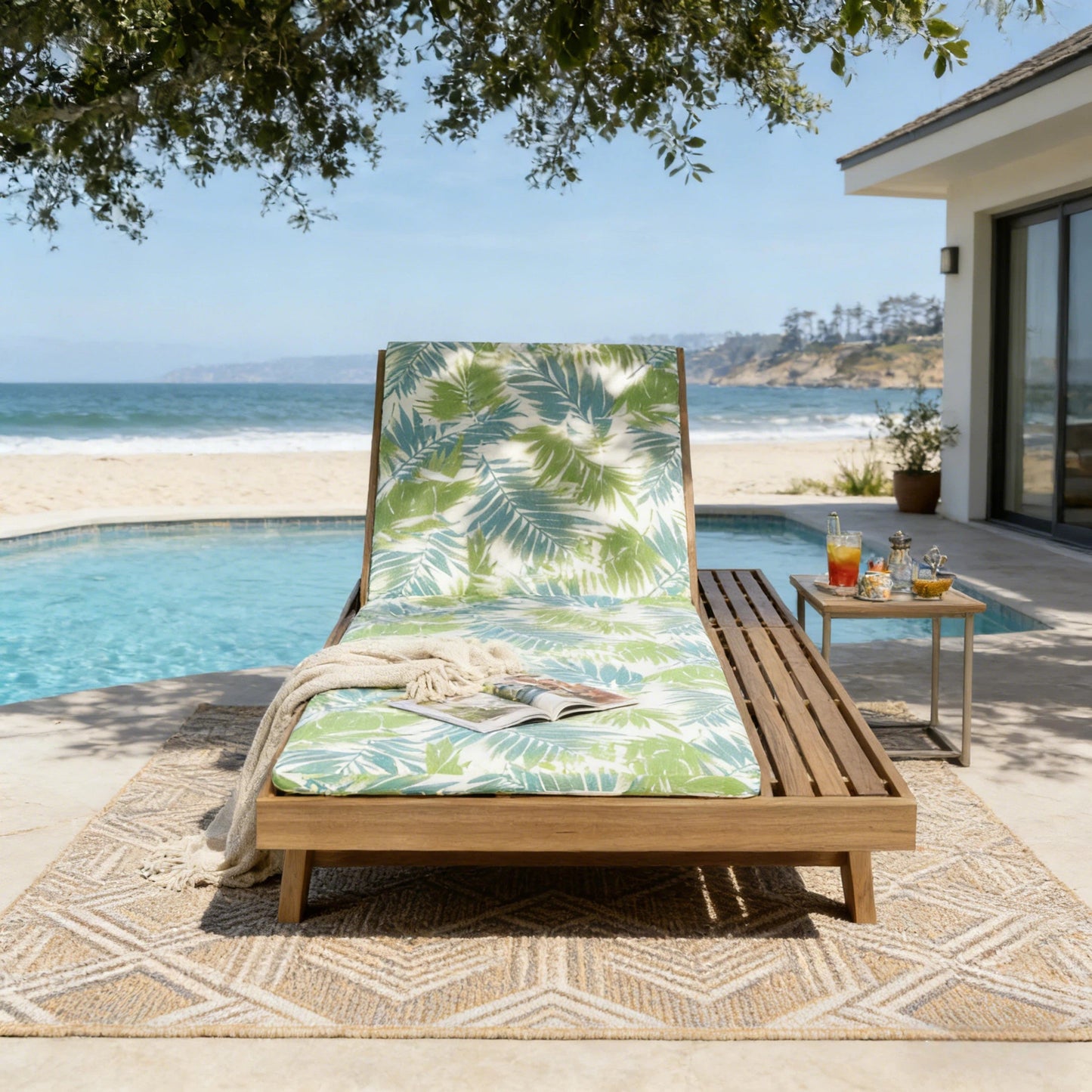 Lounge Chaise Set, Space Available On One Side, Acacia Wood In light brown With Water-Resistant Lounge Cushions (Leaf Coconut & 2 Inch Thick) – Matching Cream/Dark Grey Version Available