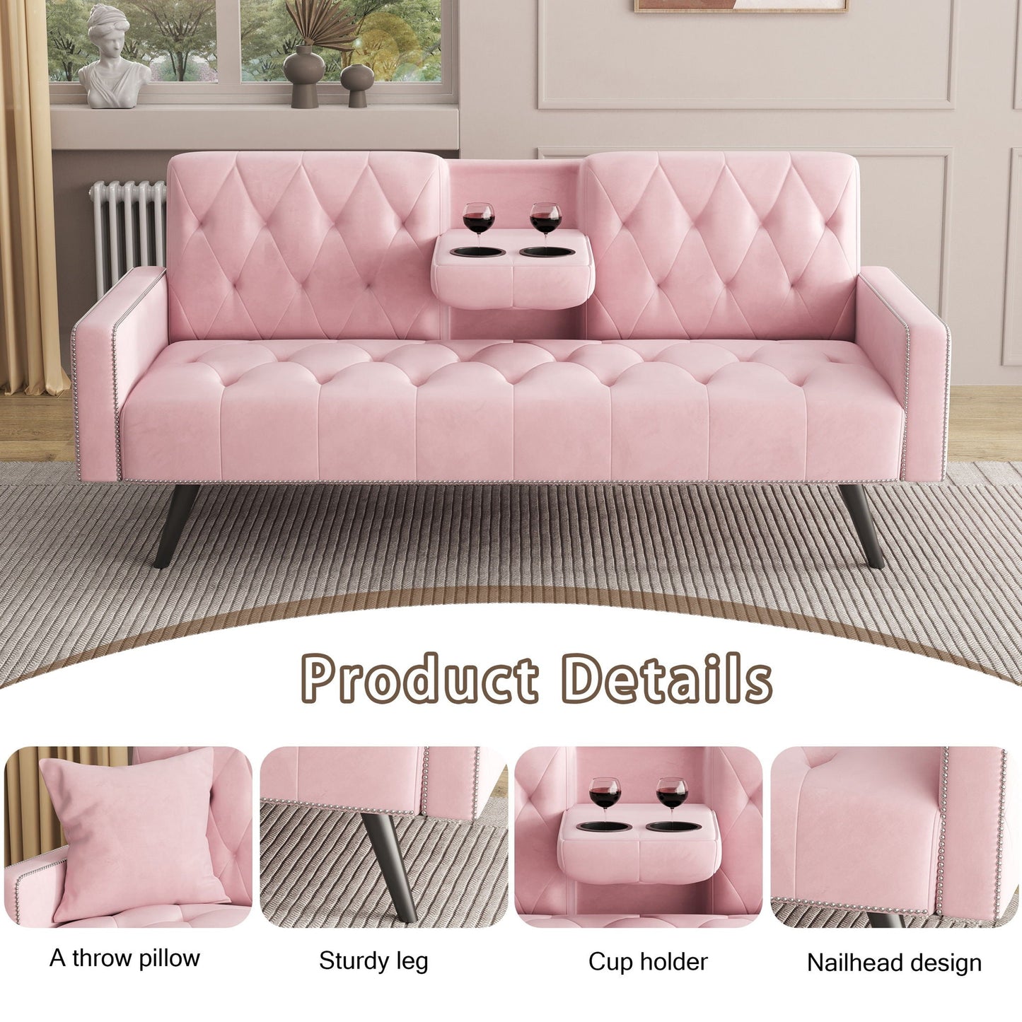 Sofa Bed With Nail Head Trim And Cup Holders - Pink