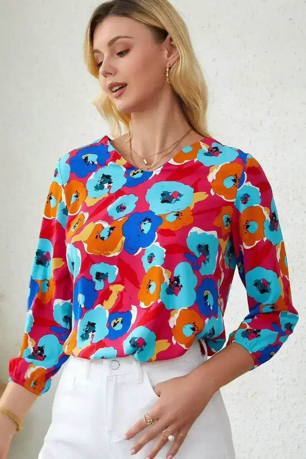 Floral Print V Neck Blouse - 3/4 Sleeve & Non-Stretch | Femstylo