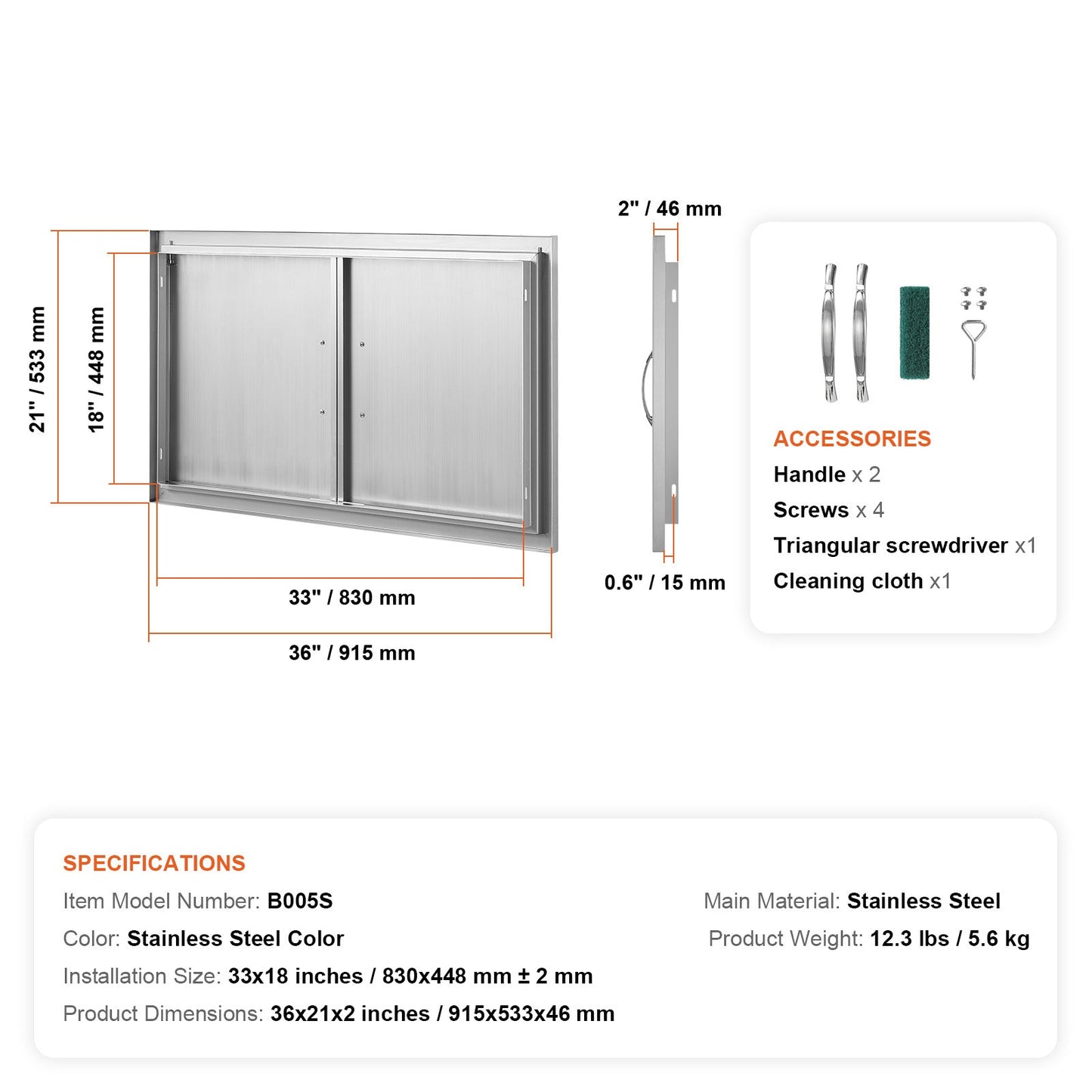 BBQ Access Door, 36W x 21H Inch Stainless Steel Outdoor Kitchen Door