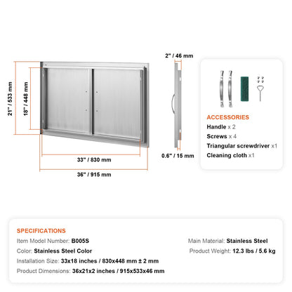 BBQ Access Door, 36W x 21H Inch Stainless Steel Outdoor Kitchen Door
