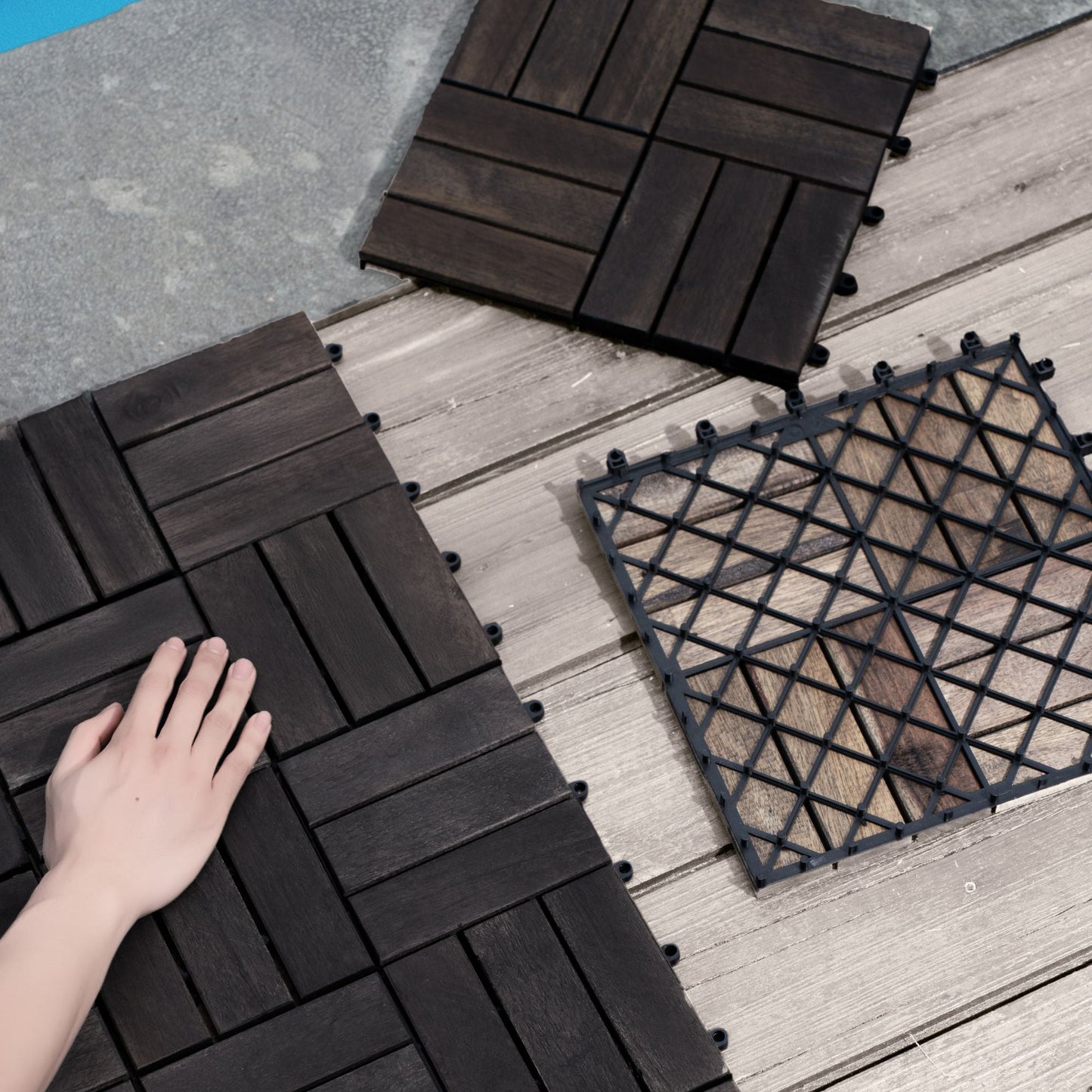 Acacia Wood Interlocking Deck Tiles Checker Pattern For Outdoor Flooring