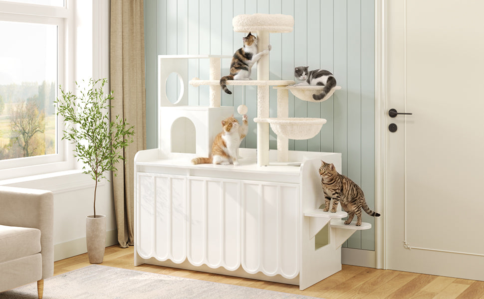 50.6" Cat Tree with Litter Box Enclosure, Sisal Scratching Post & Storage