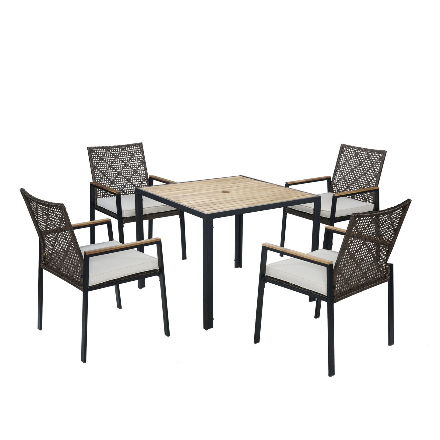 5 Piece Patio Dining Table Set, Acacia Wood Table Top With Umbrella Hole