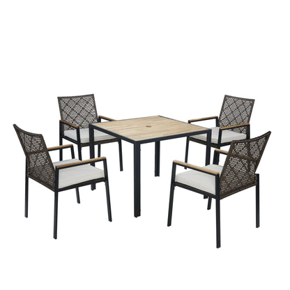 5 Piece Patio Dining Table Set, Acacia Wood Table Top With Umbrella Hole