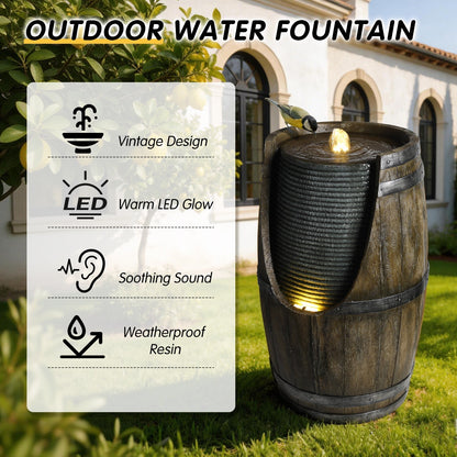 Wooden Barrel Style Outdoor Water Fountain with Lights