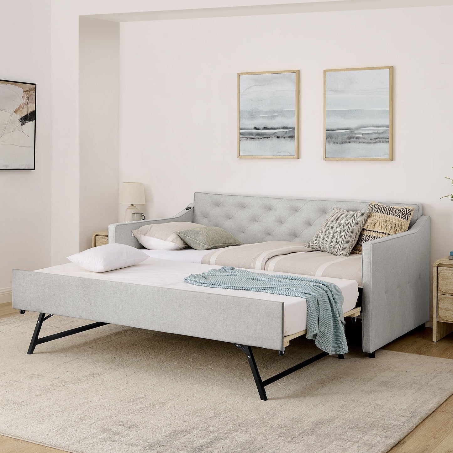 Daybed With Pop Up Trundle And USB Charging Armrest