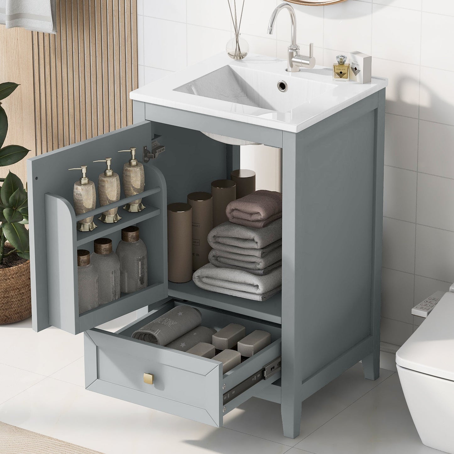 20" Bathroom Vanity with Sink, Storage Rack, and Soft Closing Door - Grey