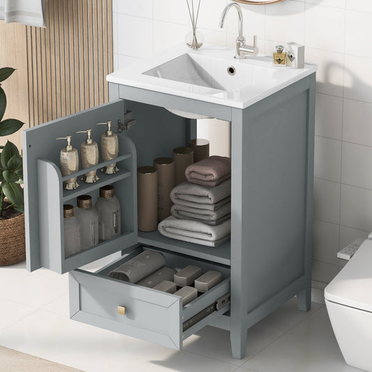 20" Bathroom Vanity with Sink, Storage Rack, and Soft Closing Door - Grey