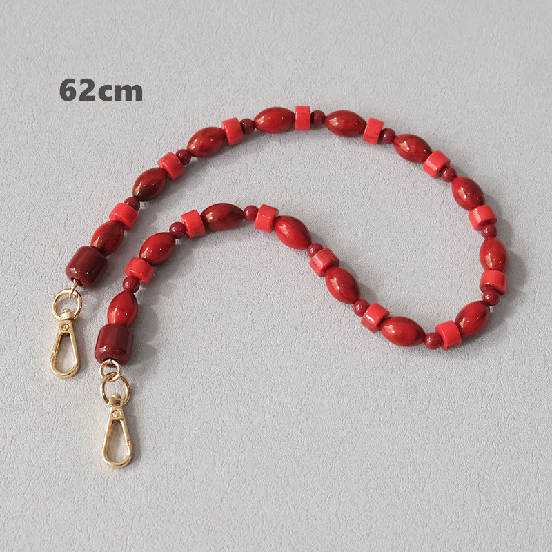 Fashionable Red Beaded Chain Accessory Crossbody Lanyard Bag