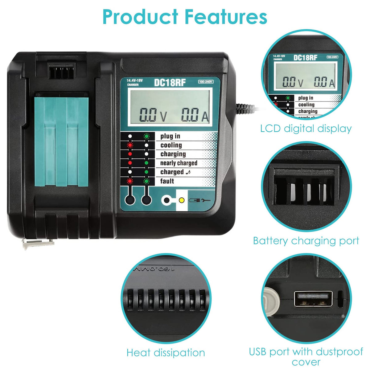 Rapid Charger Replacement Fit for Makita 14.4-18V Battery BL1860 BL1830 BL1850 with_x000B__x000B_LCD Display USB Port