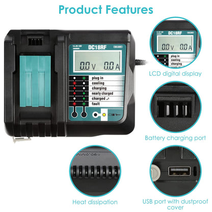 Rapid Charger Replacement Fit for Makita 14.4-18V Battery BL1860 BL1830 BL1850 with_x000B__x000B_LCD Display USB Port