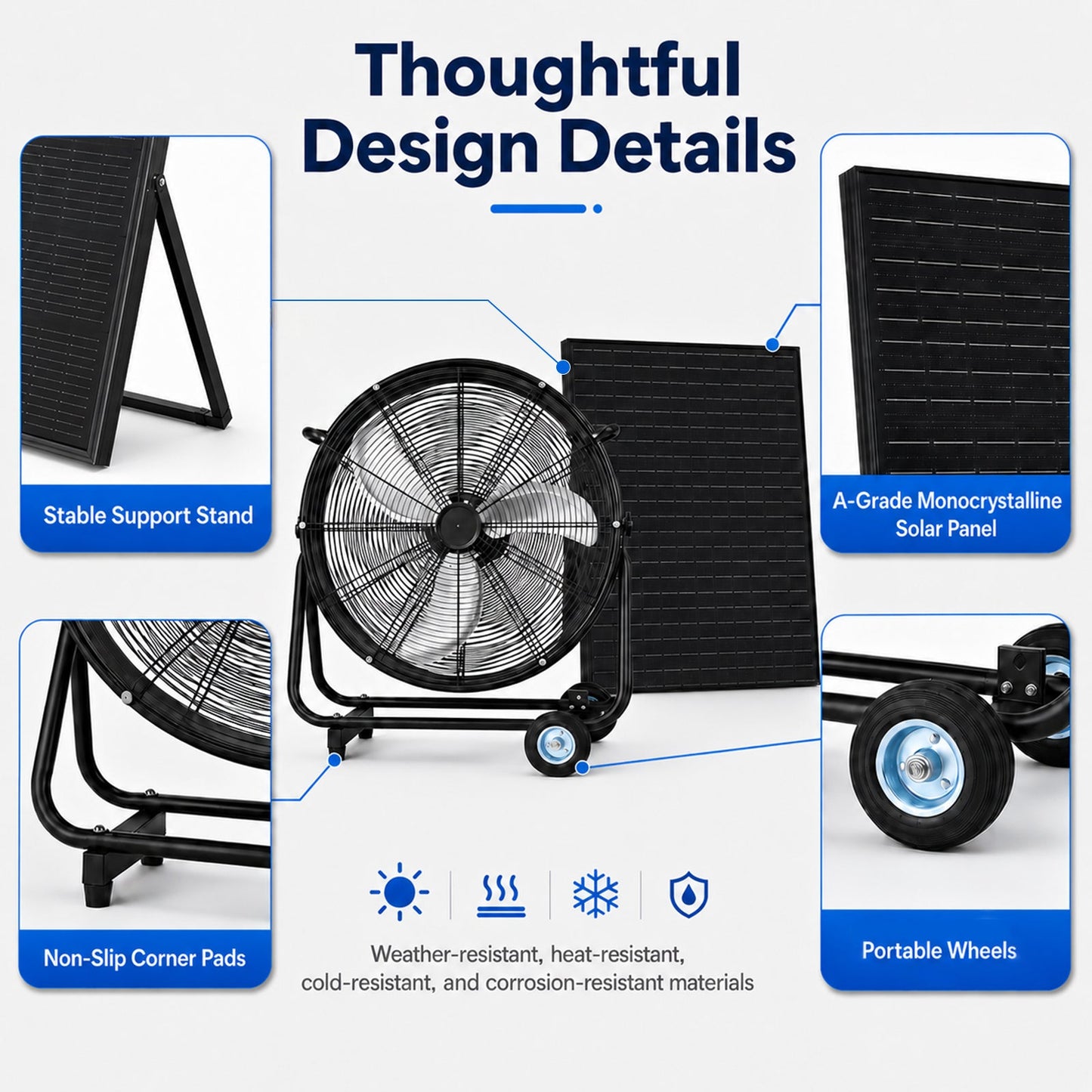 24 Inch Solar Floor-Standing Fan With Adjustable Solar Panel