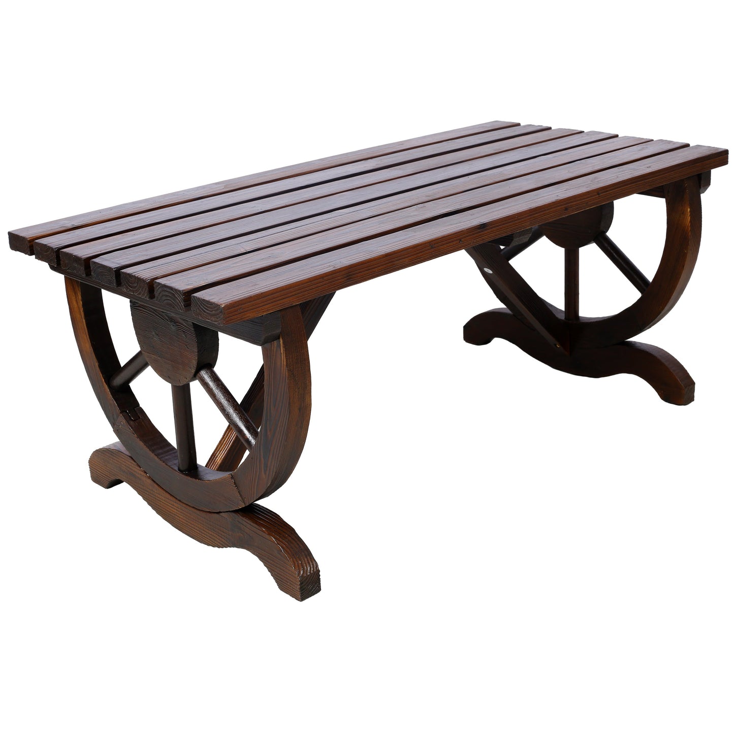 Outdoor Rustic Wooden Bench with Wagon Wheel Legs