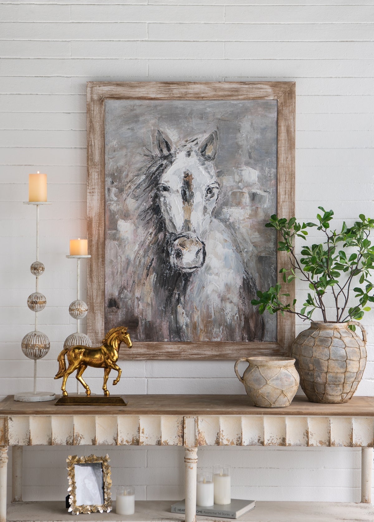 35.4x47.2x1.2" Hand-Painted White Horse Artwork